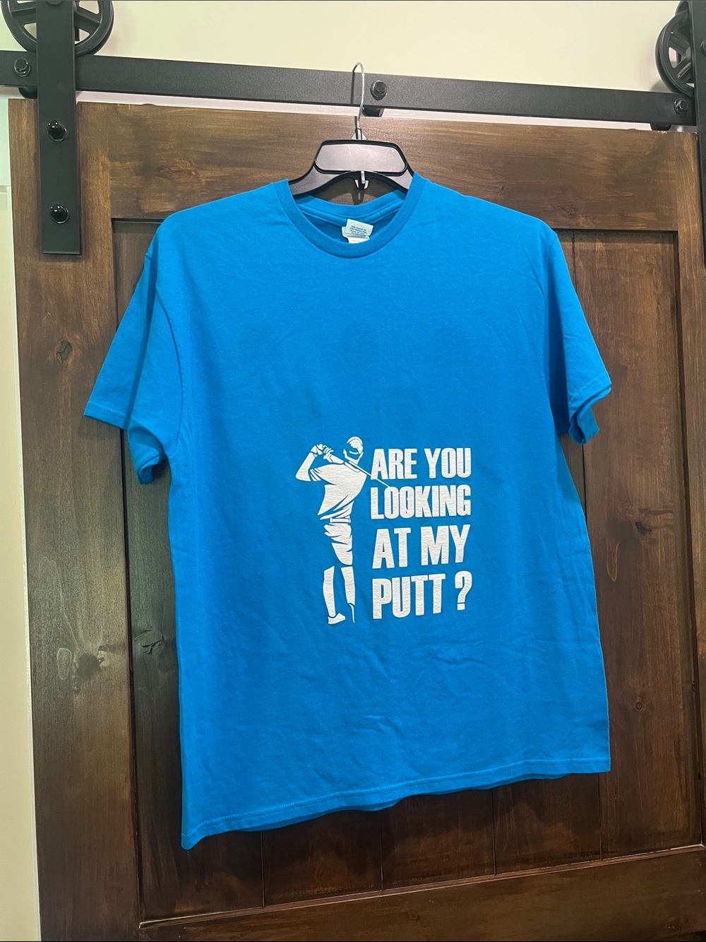 M56 Delta Bright Blue Golf Graphic Tee with “Are you looking at my putt?” Unisex